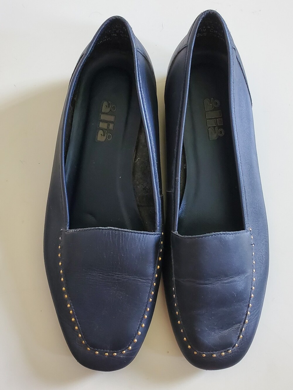 DOREEN Slip-On Comfortable Leather Loafers in Dark Navy with Stud Detailing